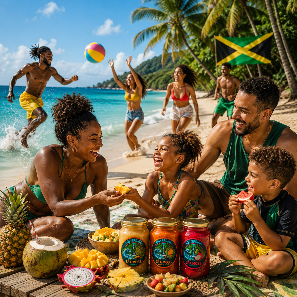 Top Spring Sea Moss products in a tropical setting